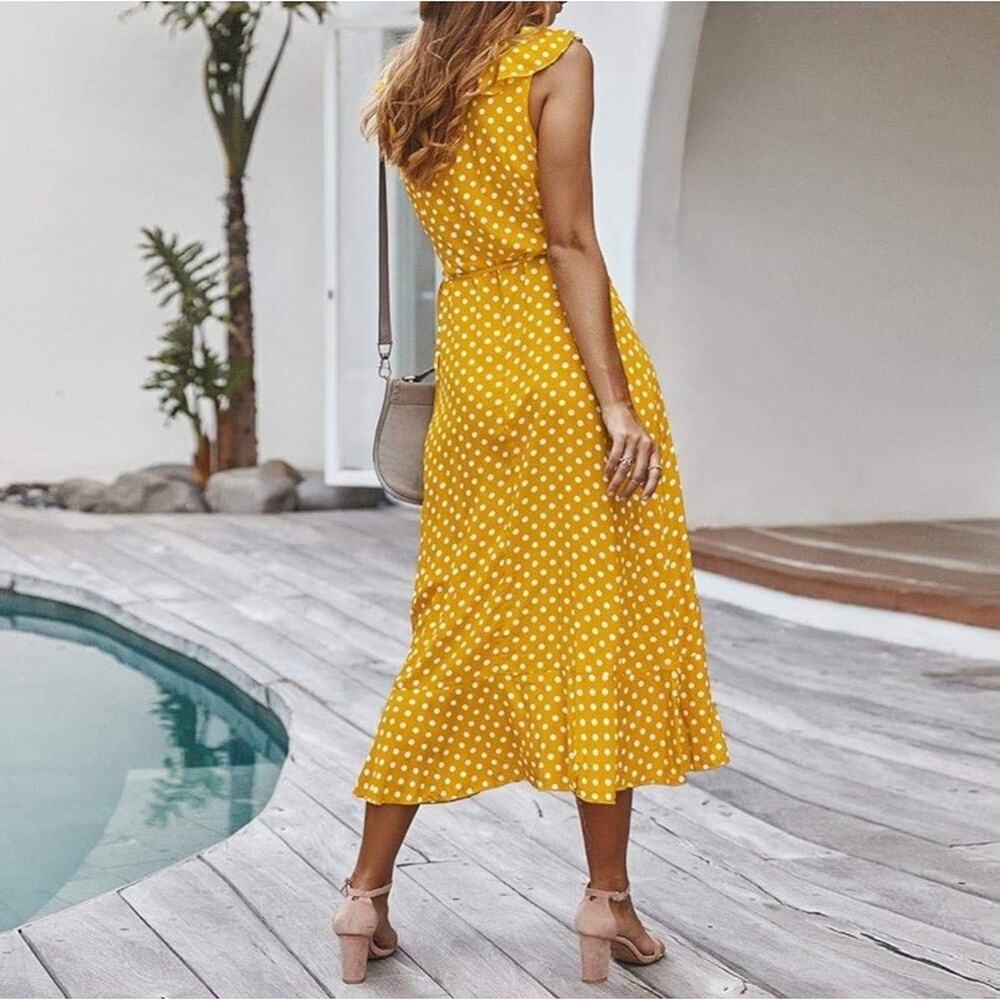 Yellow Polka Dot Ruffle Wrap Midi Dress Size Medium Sleeveless Summer Size Med - Picture 7 of 8